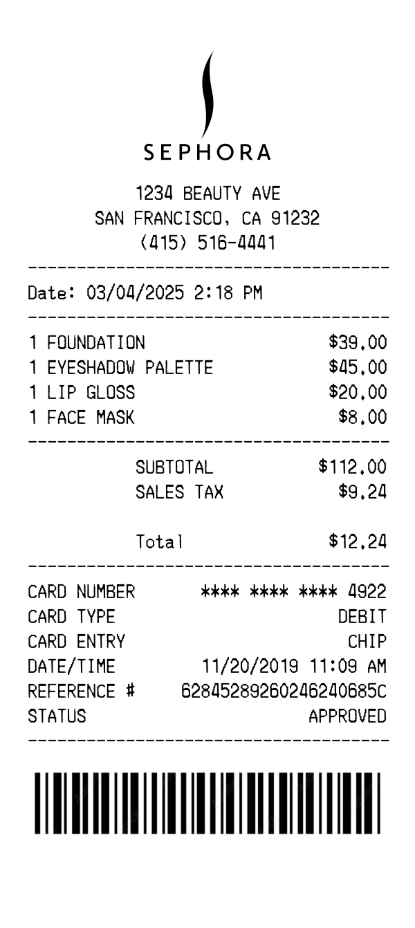 Sample receipt created with ReceiptGen