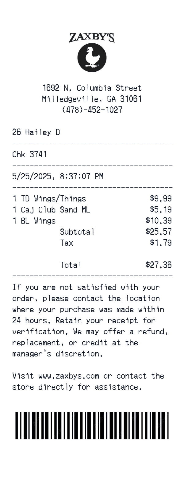 Zaxby's Receipt
