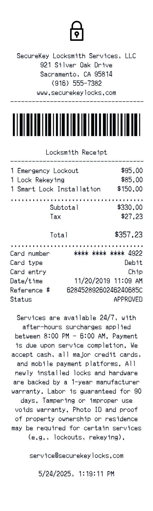 Locksmith Receipt