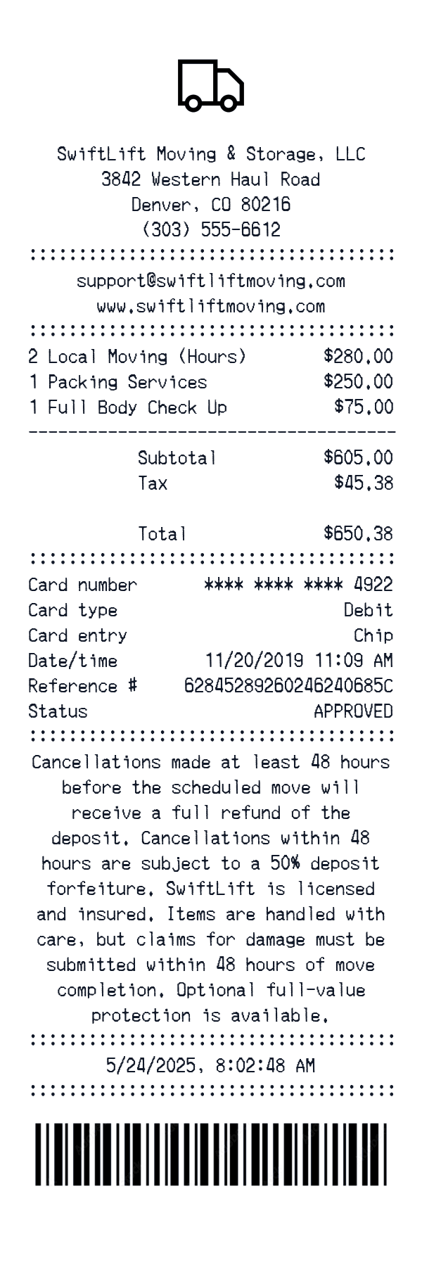 Moving Service Receipt